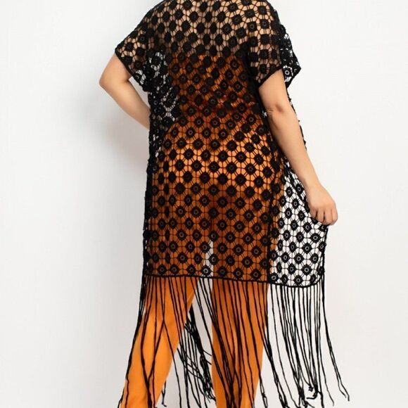Crocheted open-front fringe black kimono‎ - Picture 2 of 5